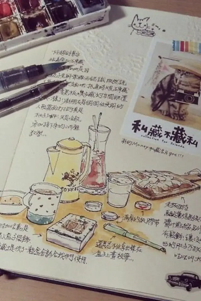 carnet voyage illustration nourriture exemple table repas spécialité pays visité café pain petit déj souvenirs
