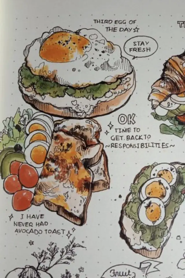 carnet voyage illustration nourriture exemple spécialités du pays dessin oeuf sandwich couleur croquis