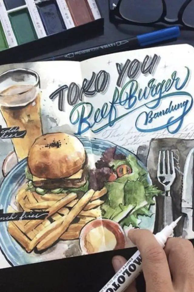 carnet voyage illustration nourriture exemple assiette burger bière souvenir vacances original