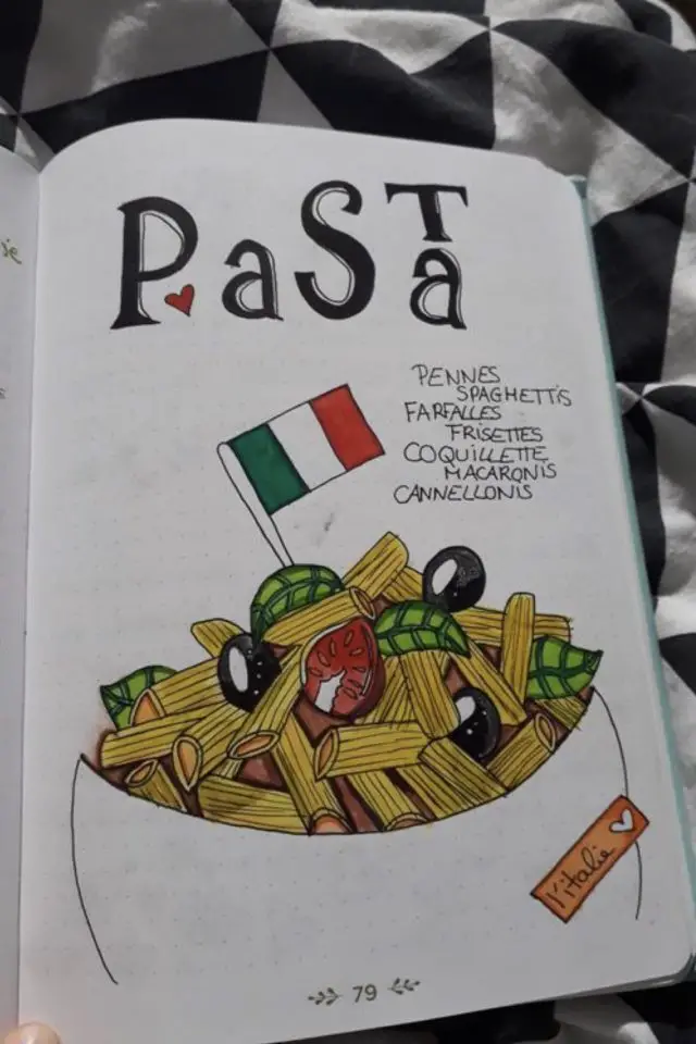 carnet voyage illustration nourriture exemple Italie bol de pâtes olive souvenirs vacances