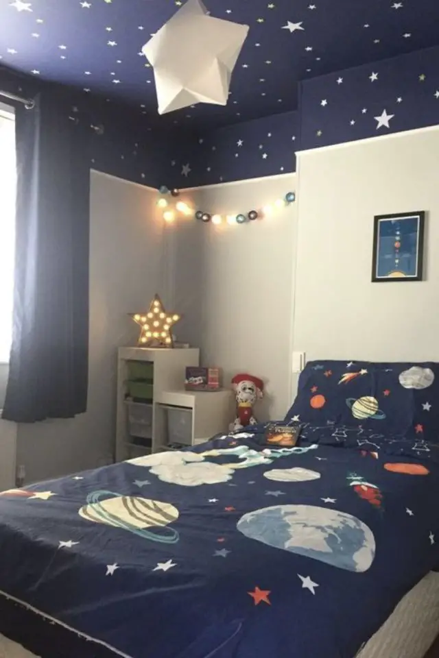 chambre enfant bleue association couleur mur beige plafond ciel étoilé