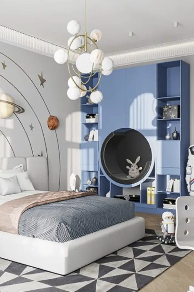chambre enfant moderne bleue exemple meuble sur mesure coloré décor mural planète