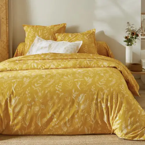 linge de maison couleur jaune violet blancheporte Linge de lit Alessia en coton imprimé fleuri