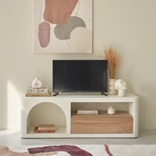 meuble deco minimaliste moderne Meuble TV 1 niche 1 tiroir blanc crème arche