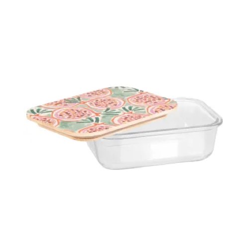 motif estival decoration grenade Lunchbox en verre couvercle en bambou motifs grenades verts, orange et roses