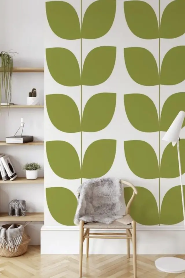papier peint retro chic motif végétal vintage feuillage grand format meuble bois clair scandinave