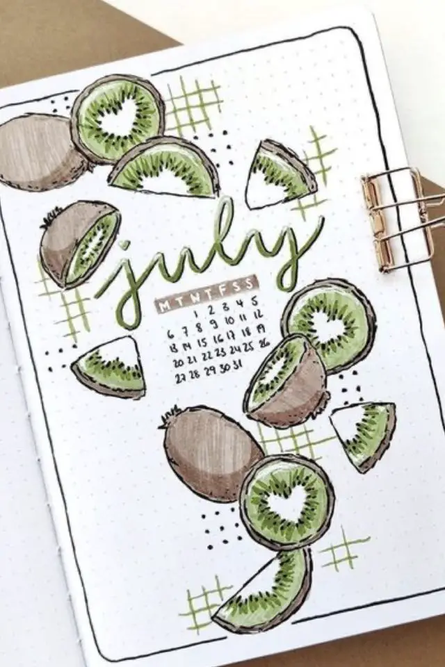 theme a copier ete bullet journal page de garde juillet dessin kiwi fruit