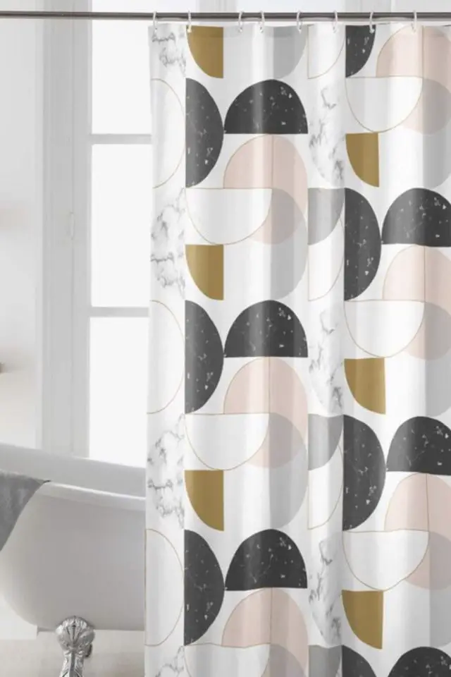 accessoire textile decoration salle de bain Rideau de douche imprimé géométrique couleur moderne nude ocre gris blanc