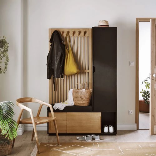 amenager entree mobilier pas cher Vestiaire 3 portes avec portant en bois de frêne gris anthracite et noir