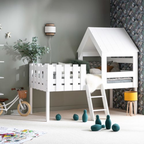 chambre enfant deco meuble moderne miliboo Lit cabane bois blanc 90x200 cm NESTY HOUSE sur-élevé