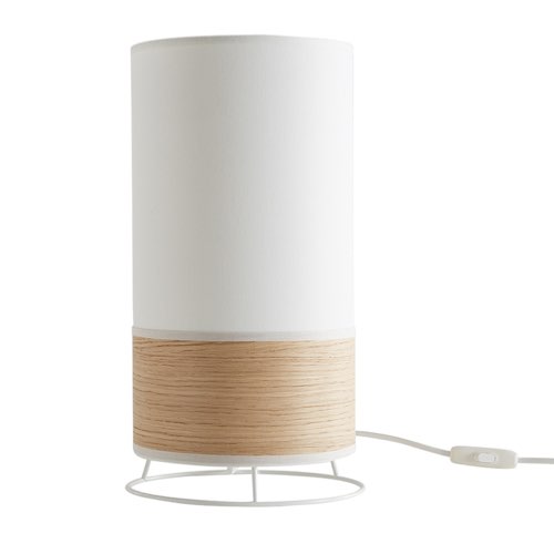 chambre parentale decor reussi exemple Lampe à poser cylindre en tissu coton blanc écru et feuille de bois chêne clair H38 cm