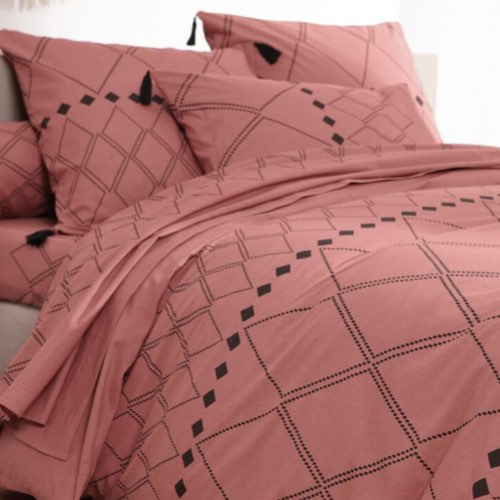 deco chambre adulte couleur terracotta linge de lit Linge de lit Massai coton à motifs graphiques et finitions pompons