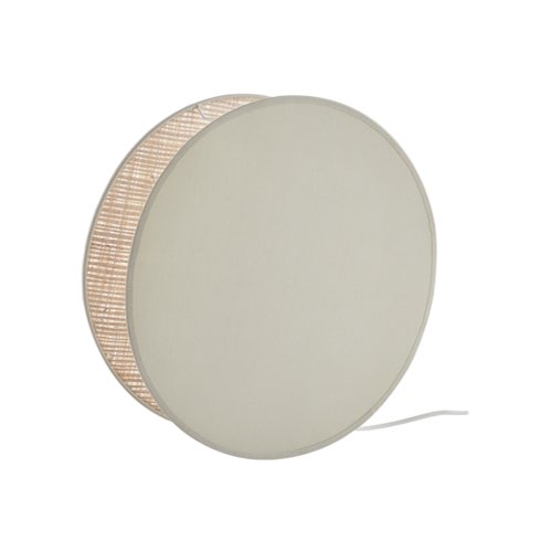 deco meuble style bold arrondi pas cher Lampe à poser ronde bi-matière en tissu vert sauge et rabane naturelle