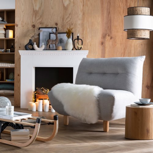 deco meuble style bold arrondi pas cher Fauteuil scandinave en tissu gris clair et bois clair