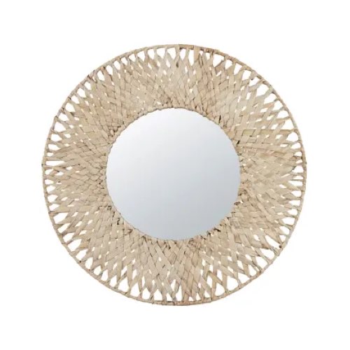 deco objet dessus lit Miroir rond, encadrement en fibres végétales tressées beige D100