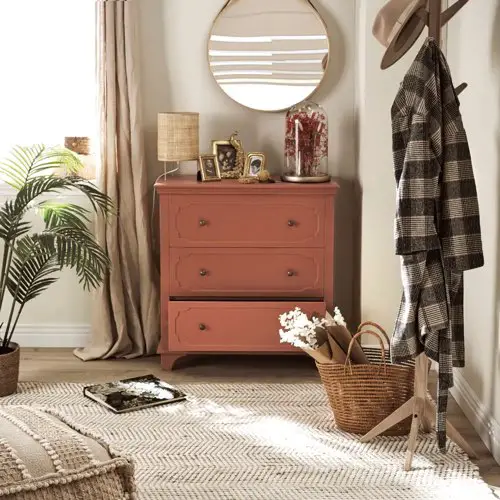 decoration chambre adulte moderne couleur terracotta Commode 3 tiroirs terracotta et métal coloris laiton