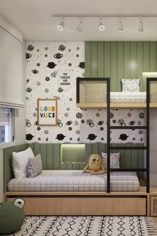 decoration chambre enfant moderne couleur vert lits en mezzanine architecture intérieure lambris et papier peint blanc noir gris