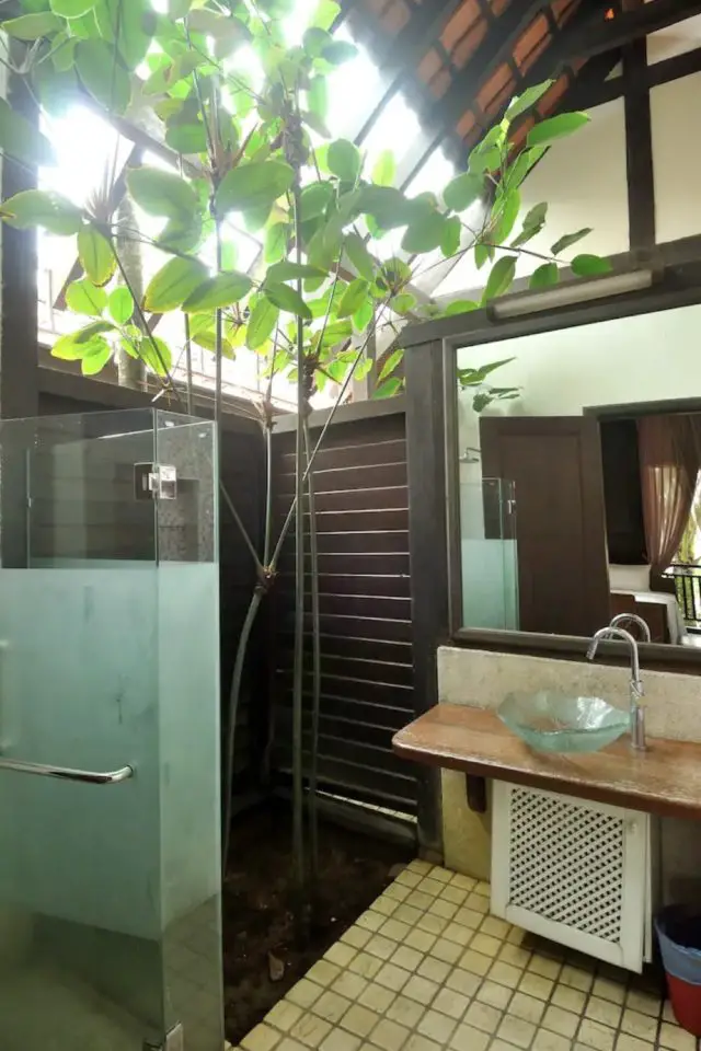 dormir habitat traditionnel malaisie voyage décor de salle de bain chic et moderne vasque transparente bois nature