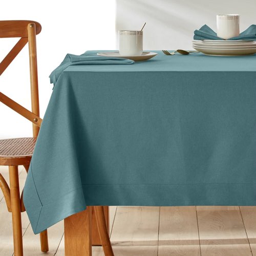 jolie nappe pas cher promo deco table Nappe coton/lin Border bleu paon 