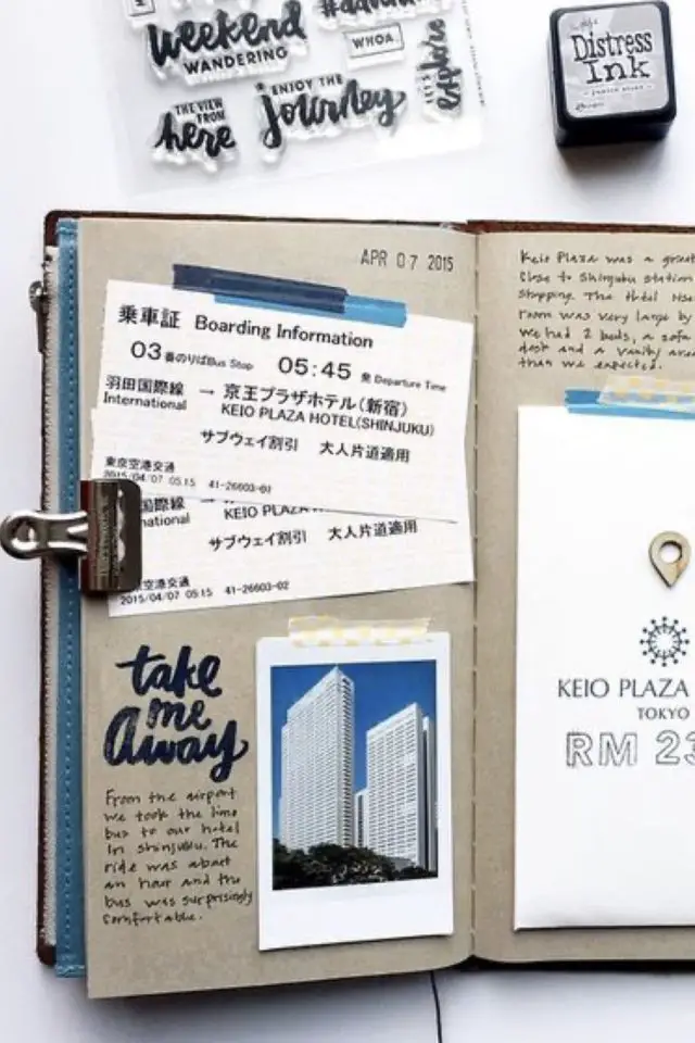 journal de voyage en ligne ou papier collage carnet souvenirs billet d'avion photos vacances
