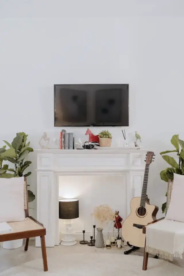 logement deco voyage malaisie manteau de cheminée petit écran tv salon guitare ambiance moderne avec plantes intérieures
