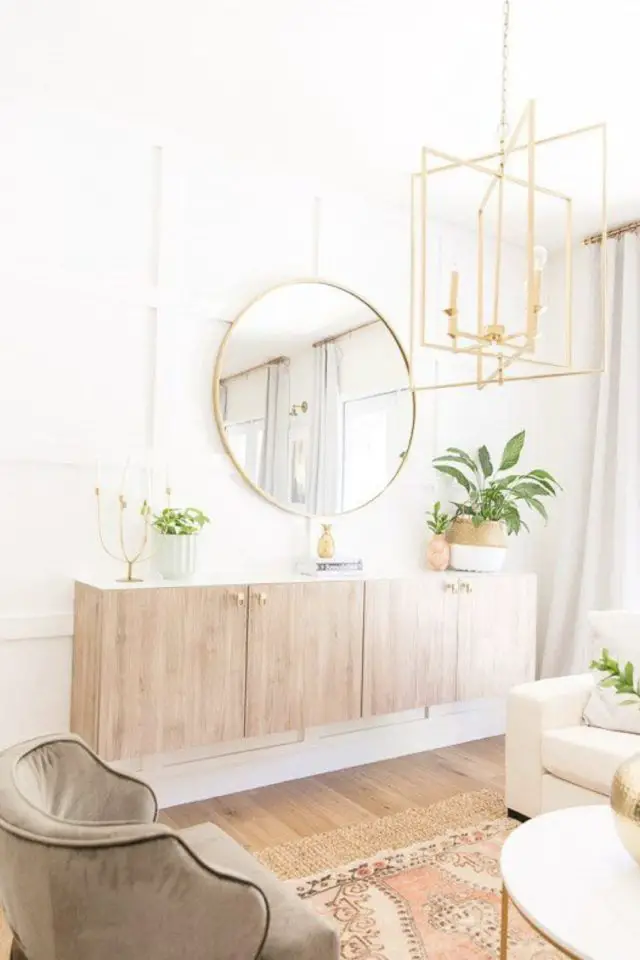 meuble besta ikea hack relooking idee bois et plan de dessus blanc moderne enfilade salle à manger plante et miroir rond