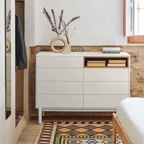 meuble chambre adulte minimaliste chic et moderne Commode 7 tiroirs 1 niche en bois L120xH90cm