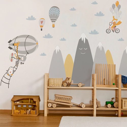 ou trouver papier peint moderne chambre enfant Stickers enfant montagnes scandinaves animaux magiques 60x90cm