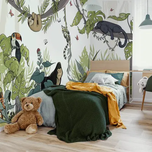 ou trouver papier peint moderne chambre enfant Papier peint enfant panoramique jungle sur fond blanc