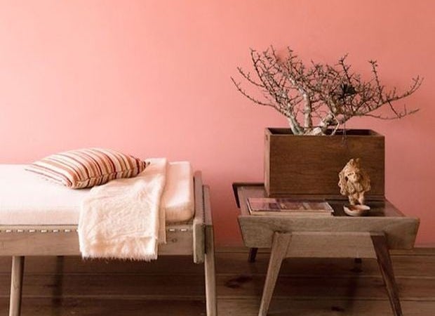 peinture murale couleur rose corail exemple moderne association matériaux bois