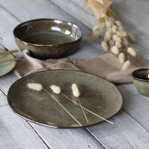 soldes vaisselle chic et tendance Lot de 6 assiettes plates TERRA marron vert