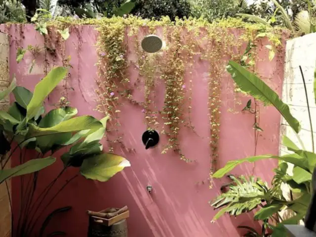 villa exceptionnelle inde du sud alleppey douche extérieure mur couleur terracotta plantes vertes tropicales nature
