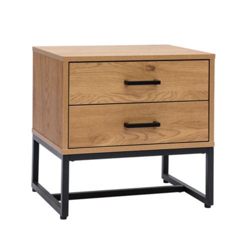 amenager petite chambre adulte mobilier Table de chevet avec rangements 2 tiroirs finition bois clair chêne et métal noir L50 cm