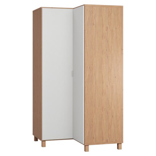 amenager petite chambre adulte mobilier Armoire d'angle avec penderie et étagères finition bois et blanc mat L 102 cm