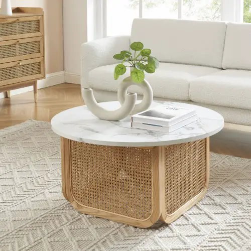 beau meuble rotin et cannage Table basse ronde effet marbre et cannage ø80cm