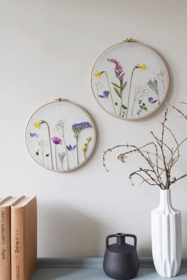 broderie botanique exemple decoration dessus de meuble cercle support en bois rond