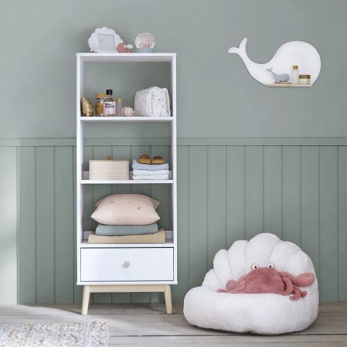 chambre enfant deco scandinave maisons du monde Pouf enfant coquille imitation fourrure écrue