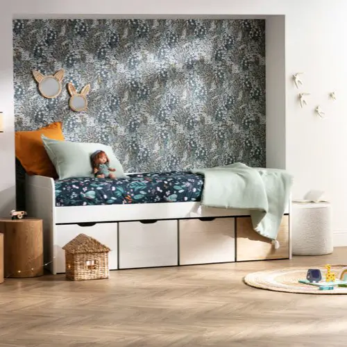 chambre enfant scandinave meuble deco pas cher Lit avec rangements 4 tiroirs bois et blancs 90x190 cm