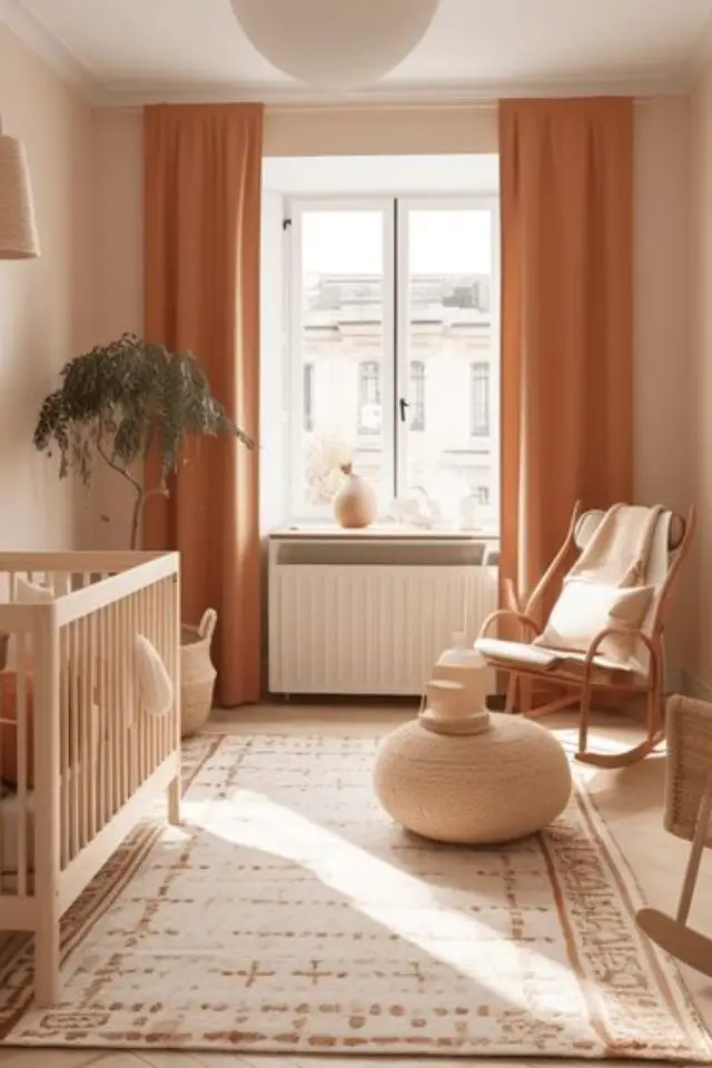 chambre enfant terracotta couleur associé à du beige rideaux chambre bébé avec lit en bois
