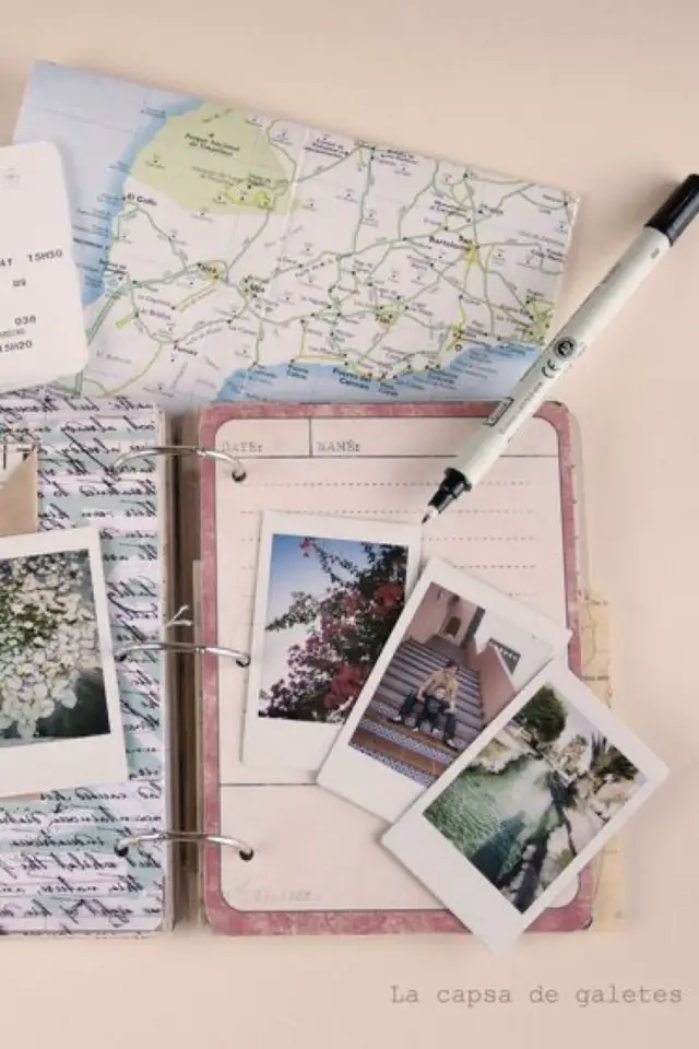 creer carnet de voyage souvenirs polaroid mix media pochette en kraft rangement page à remplir idée journal vacances photos