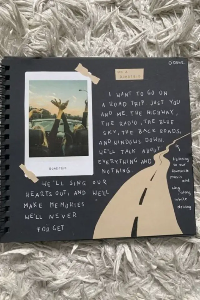 creer carnet de voyage souvenirs polaroid page noir écriture blanche dessin route peinture