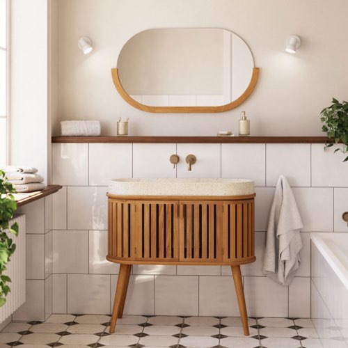 deco salle de bain design bois Meuble de salle de bain 2 portes en bois avec vasque en terrazzo 90x80cm