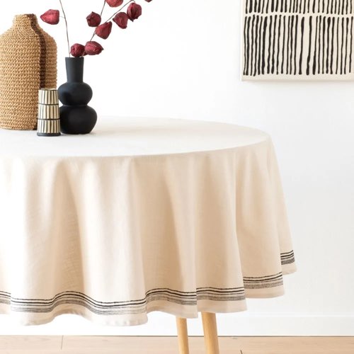 deco table noir et blanc pas cher Nappe ronde en coton imprimé noir et beige D170