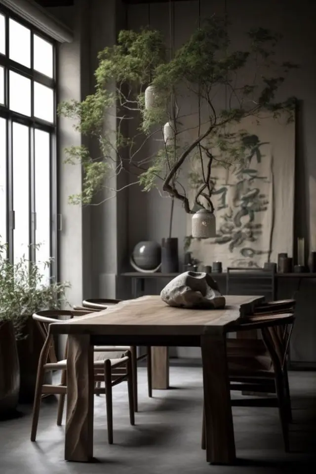 decor wabi sabi caracteristiques salle à manger table en bois ancienne couleur neutre gris grande baie vitrée arbre décoration épurée