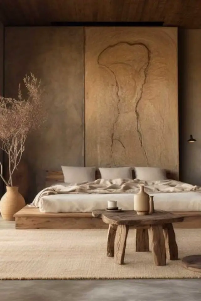decor wabi sabi caracteristiques chambre à coucher minimaliste cosy lit estrade basse grand tableau mural bois tapis mur usé béton