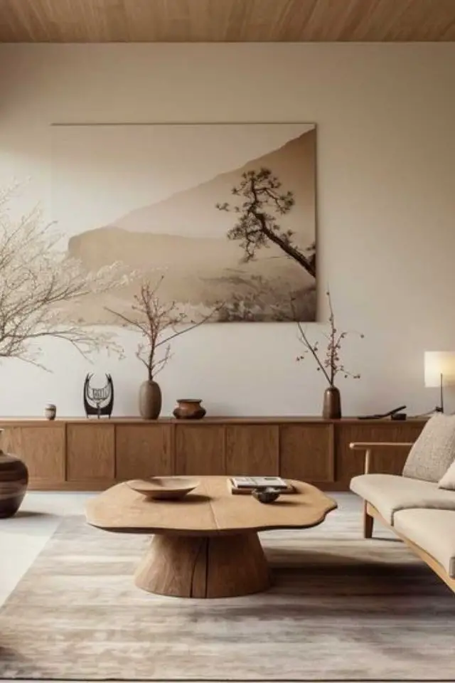 decor wabi sabi caracteristiques salon séjour grande enfilade en bois sombre contraste mur écru tableau petite déco asymétrique table basse forme organique