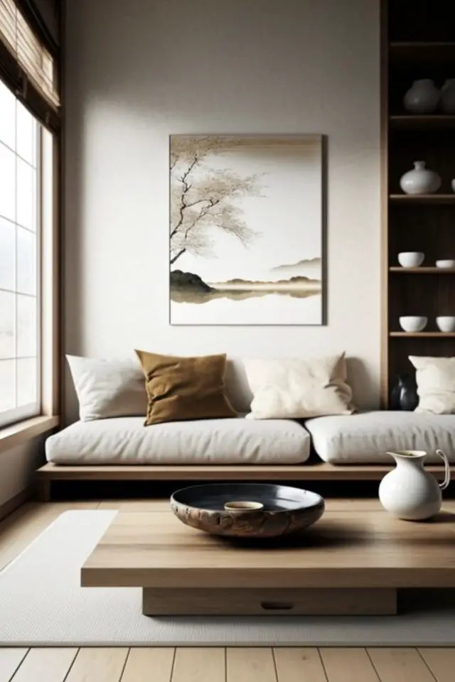 decor wabi sabi caracteristiques salon séjour couleur claire neutre dominante écrue canapé minimaliste tableau paysage naturel coussin marron