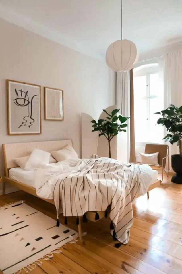 decoration chambre adulte tapis descente de lit moderne couleur écru cosy douillet chic