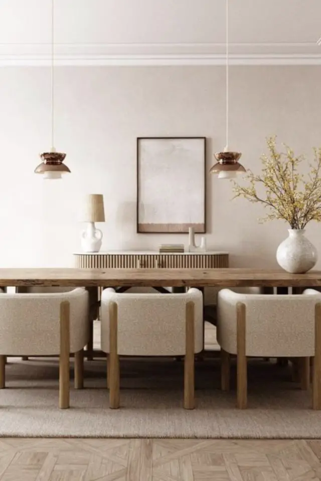 decoration interieur ecru ivoire exemple moderne peinture mur salle à manger fauteuil de table textile neutre bois inspiration slow living