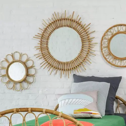 meuble deco design rotin cannage Miroir rond en rotin soleil vintage